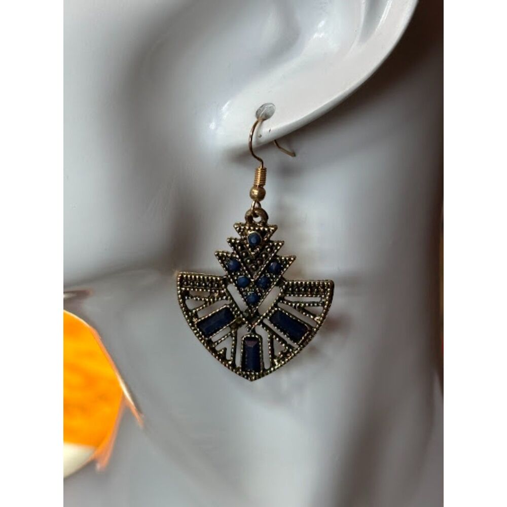 Blue & Gold Fan-Shaped Rhinestone Earrings NWT 2"